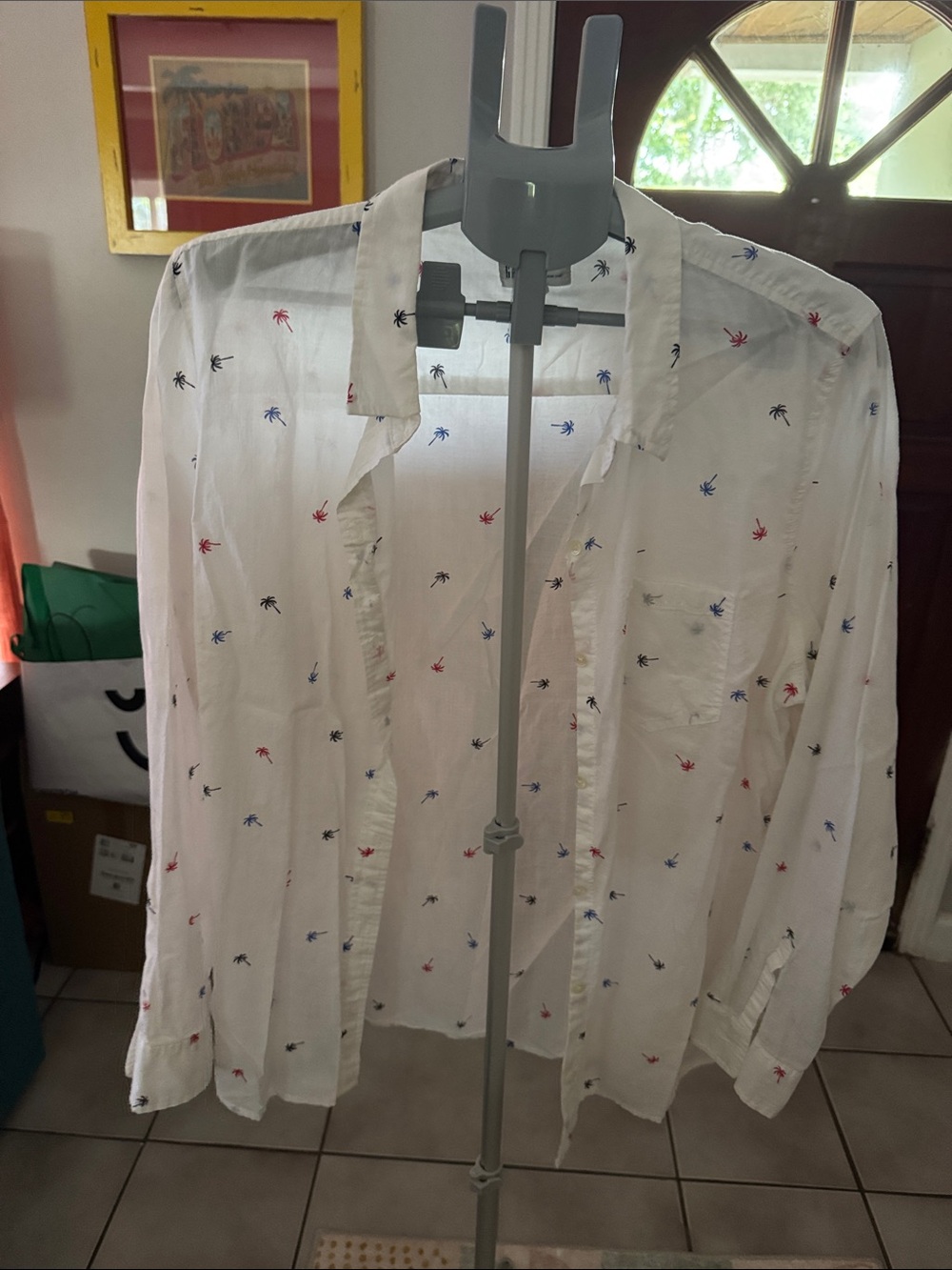 Women’s White Button Down Shirt with Multi-Color Palm Print